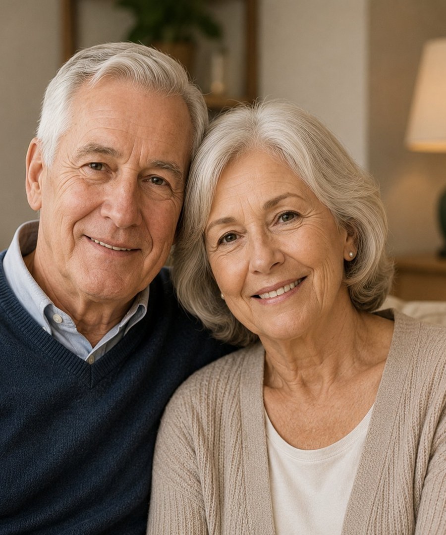 A senior couple sitting close together at home, smiling warmly