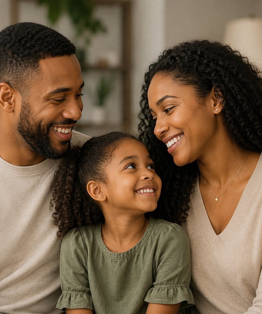 A young family at home, parents smiling lovingly at their daughter